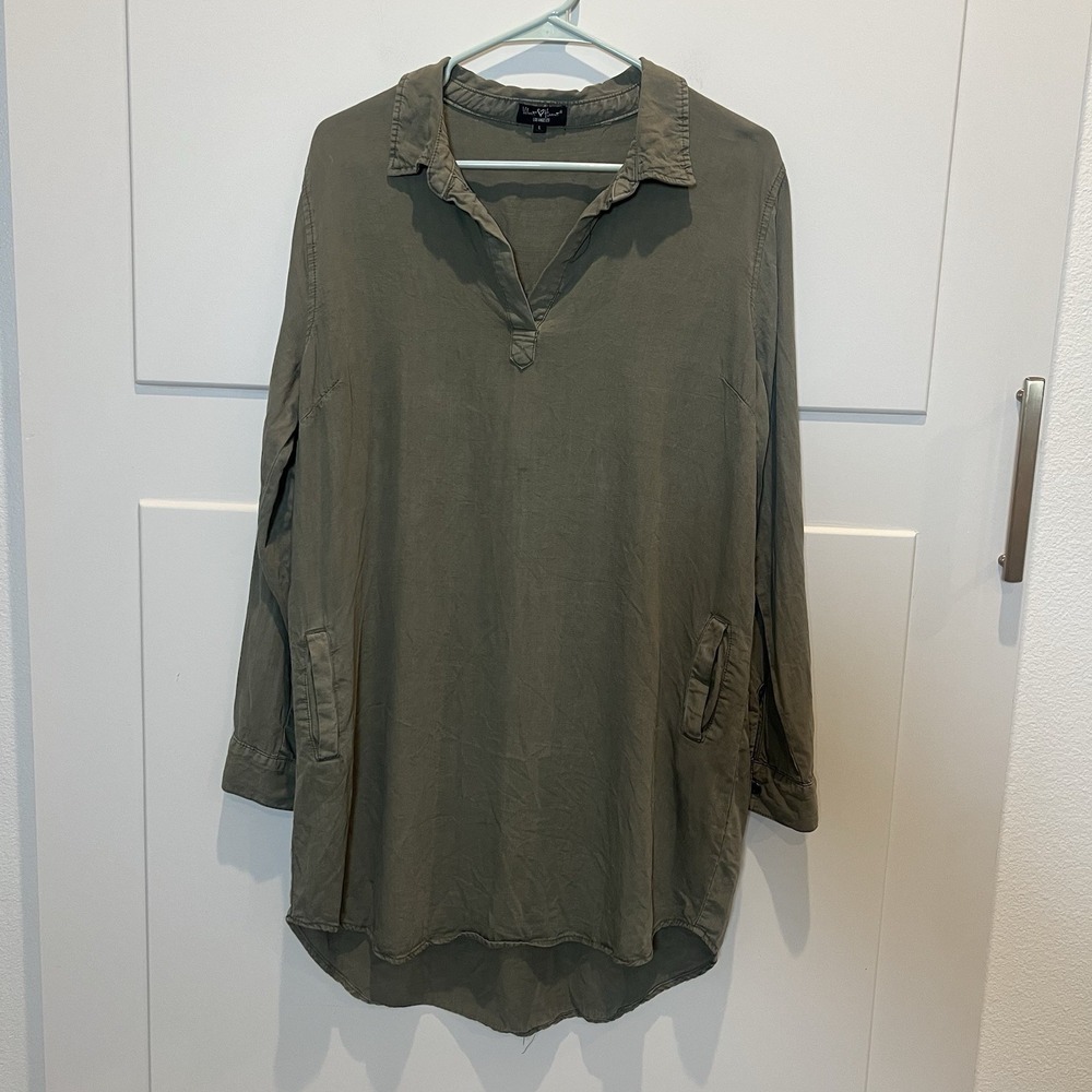 Velvet Heart Dress Button Down Drawstring Roll Tab‎ Sleeves Army Green Large